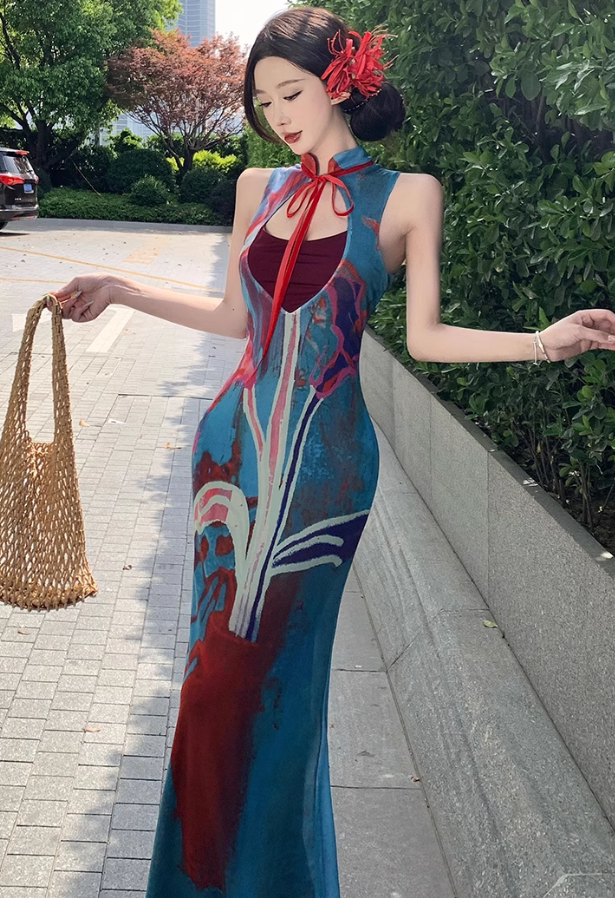 Retro contrast color hollow dress sexy temperament waist slim hip skirt R0658