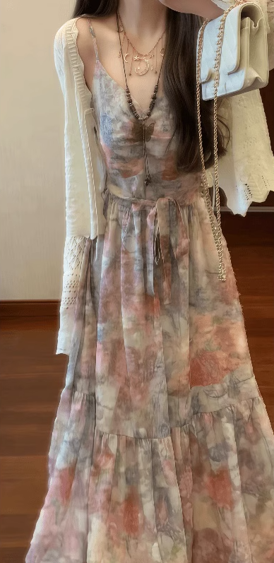 Retro floral suspender dress gentle temperament waist A-line long skirt R0785