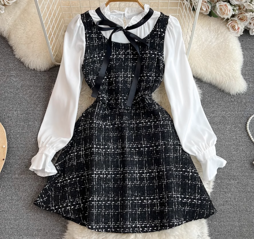 Little Chanel style celebrity temperament fake two-piece long-sleeved stand-up collar waist A-line coarse flower dress R0387