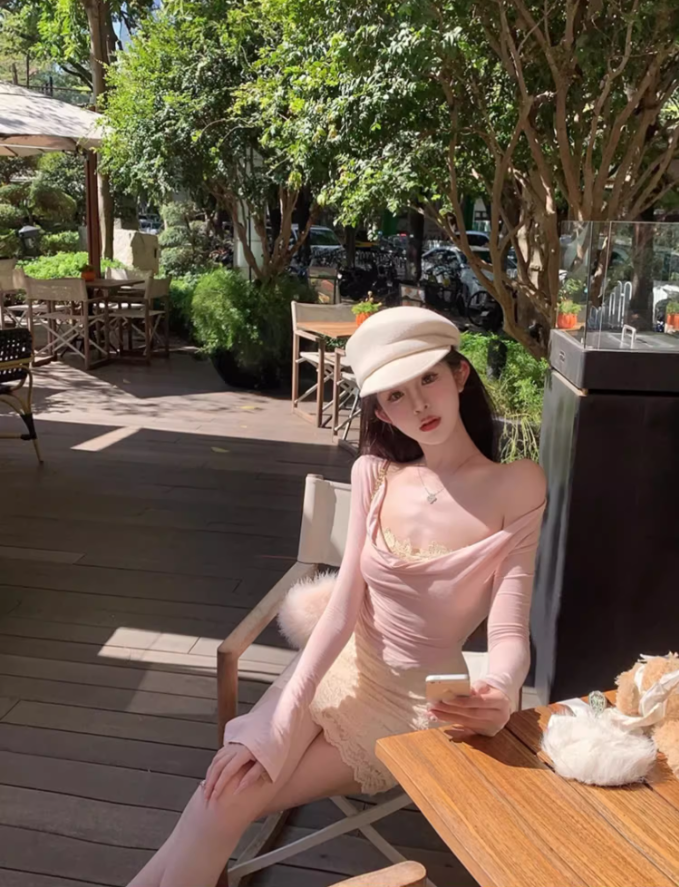 Pure desire style tube top dress female 2025 sweet and spicy pink long-sleeved top suit R1020