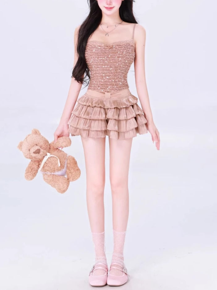 Pure desire design lace sling 2025 sweet and spicy cake skirt suit R1100