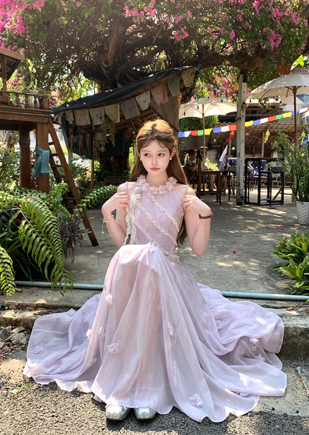 Purple long halter neck dress summer French retro slim fit temperament skirt R4623