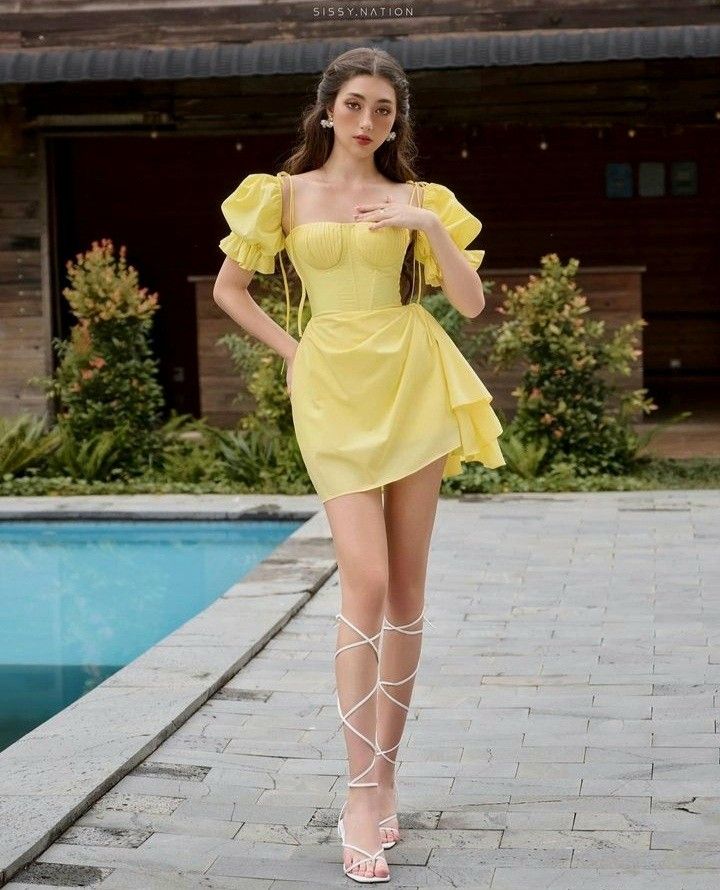 Yellow puff sleeves classic elegant waist slim short skirt homecoming dress R3776