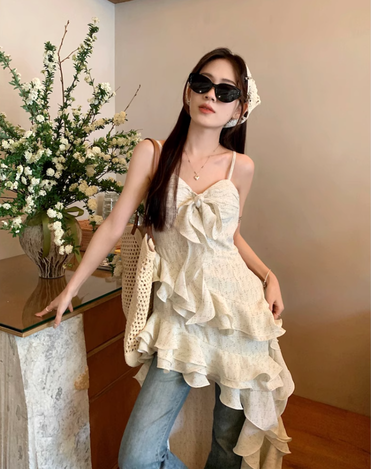 Fairy dress pure desire style irregular holiday suspender skirt floral cake skirt R1710