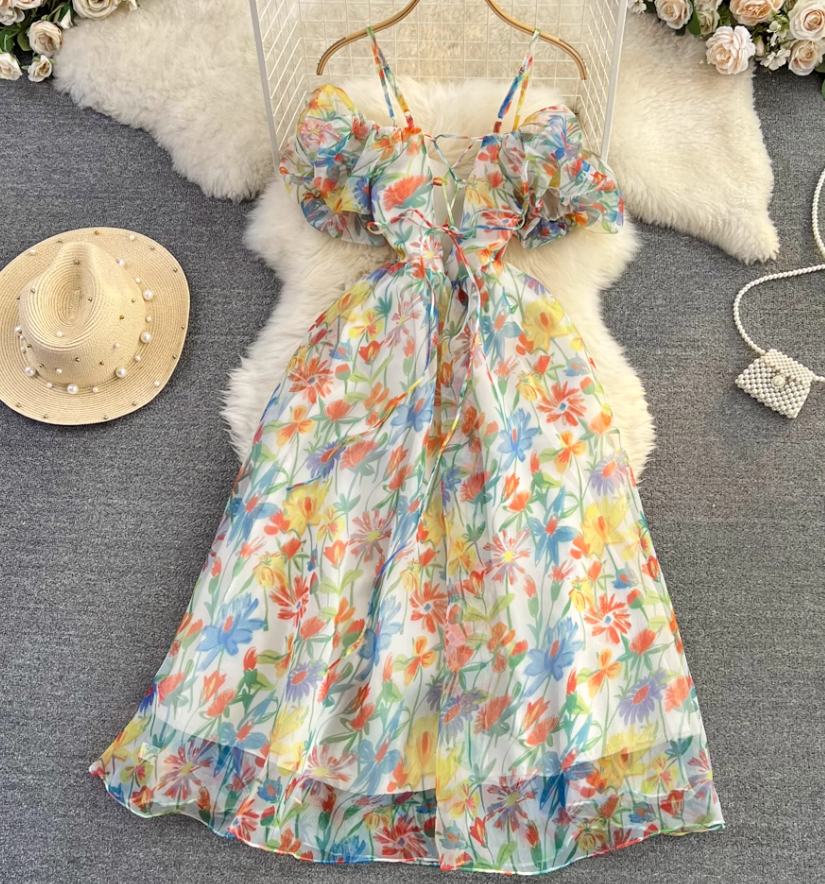 Beach vacation floral suspender skirt fashionable waist slim backless a-line printed chiffon dress R0331