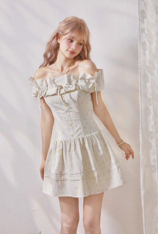 Tea pure cotton striped print pleated waist one-shoulder dress R5213