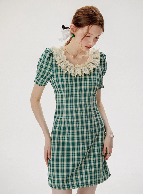 French style green plaid dress summer retro short skirt R2764