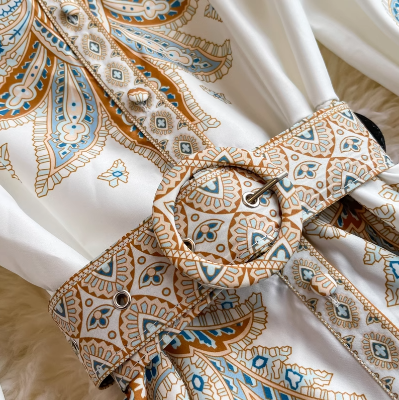 New style palace style retro print long sleeve waist long skirt single breasted stand collar dress R0322