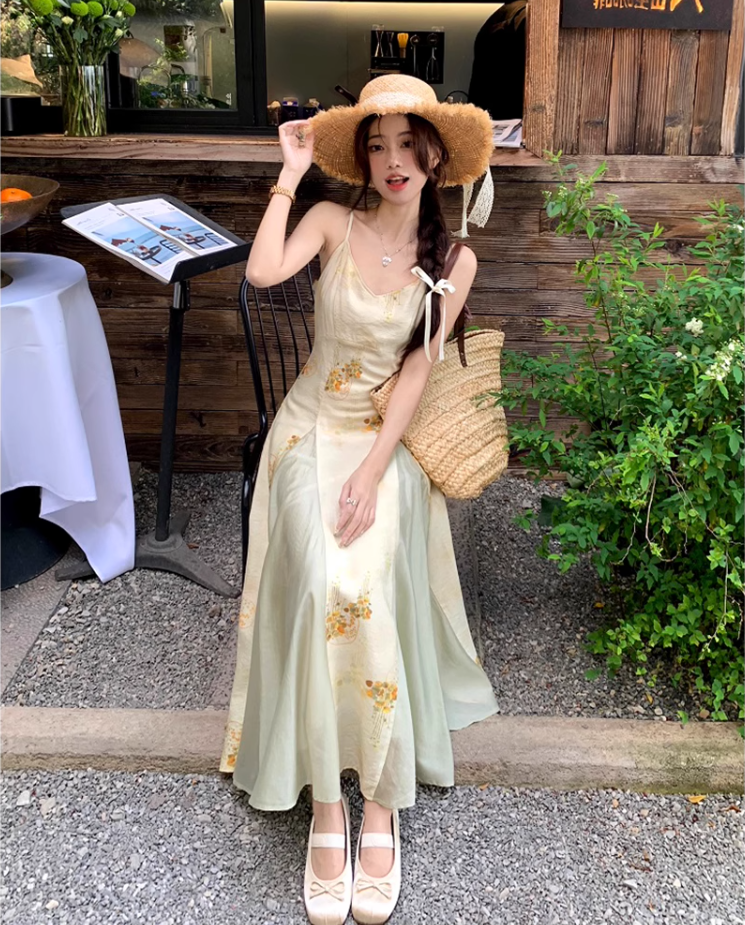 Printed suspender dress Chinese style women's clothing small size big swing v-neck long dress R1708