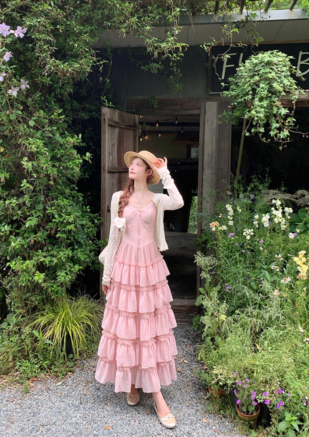 Pink long waist A-line suspender dress for women summer French temperament skirt R4862