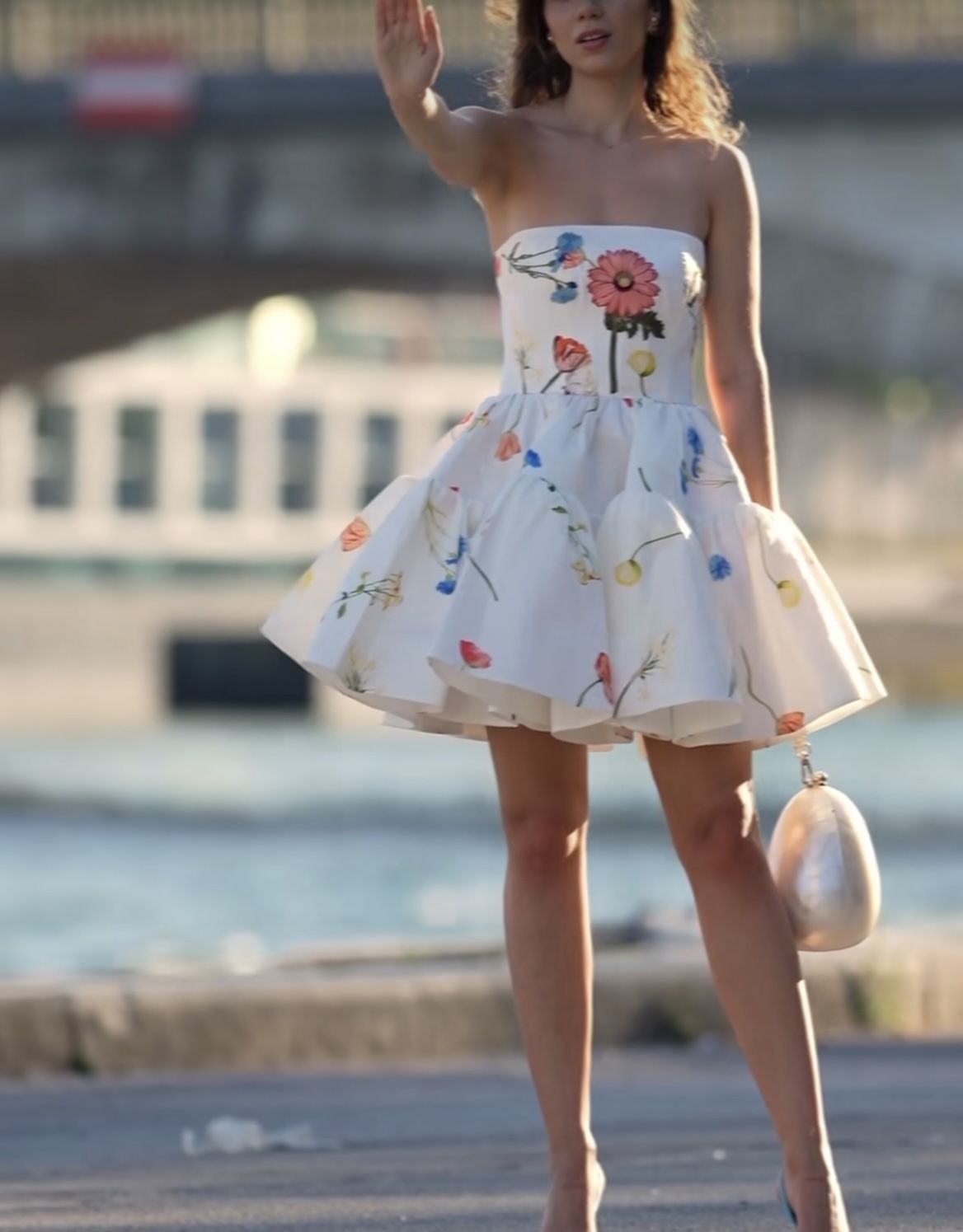 White tube top short skirt printed waist fresh puffy short skirt homecoming dress R3644