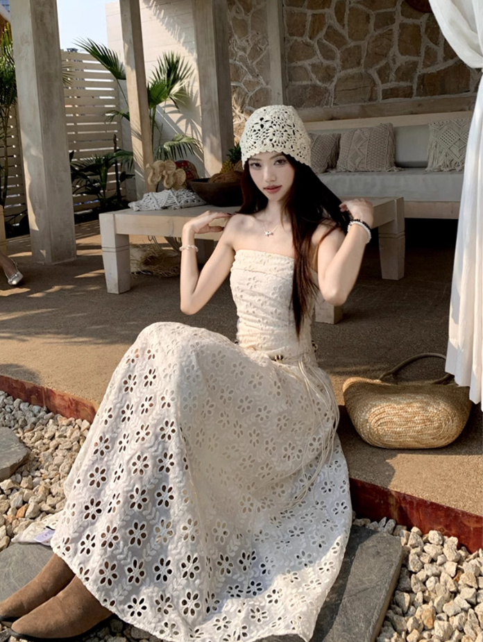 Gentle white moonlight dress hollow embroidery unique waist skirt wear tube top skirt R1704