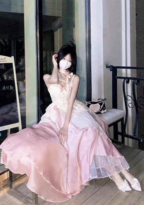 Spring Breeze French Lolita Gradient Pink Fairy Fishbone Sling Lolita Princess Dress Two-piece Set R1656