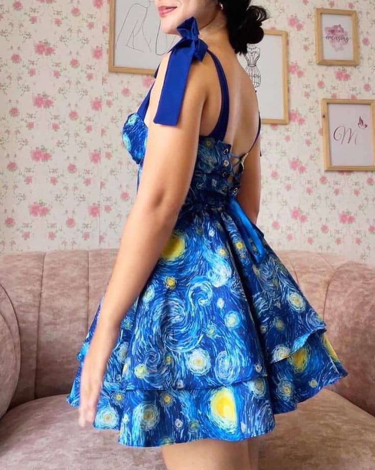 Blue suspenders tie waist slim sexy cake skirt homecoming dress R4067