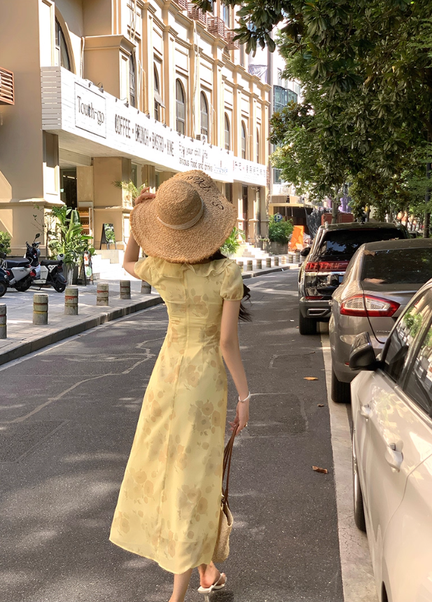 Sunset romantic atmosphere yellow floral dress women's holiday wear long dress R4342