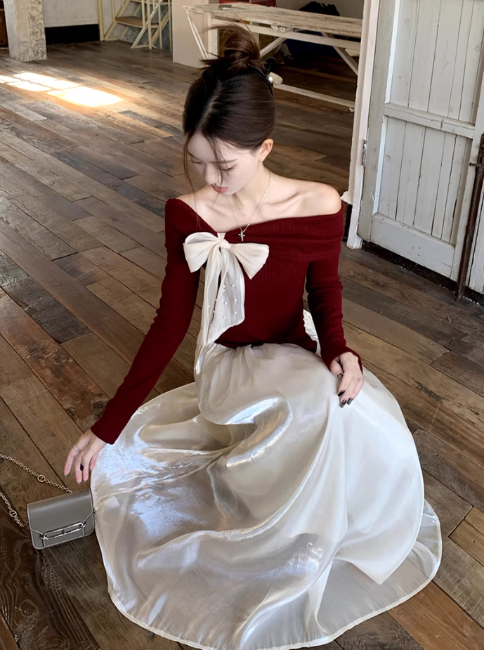 Fairy temperament high-end suit one-shoulder bow sweater with skirt two-piece suit R1725