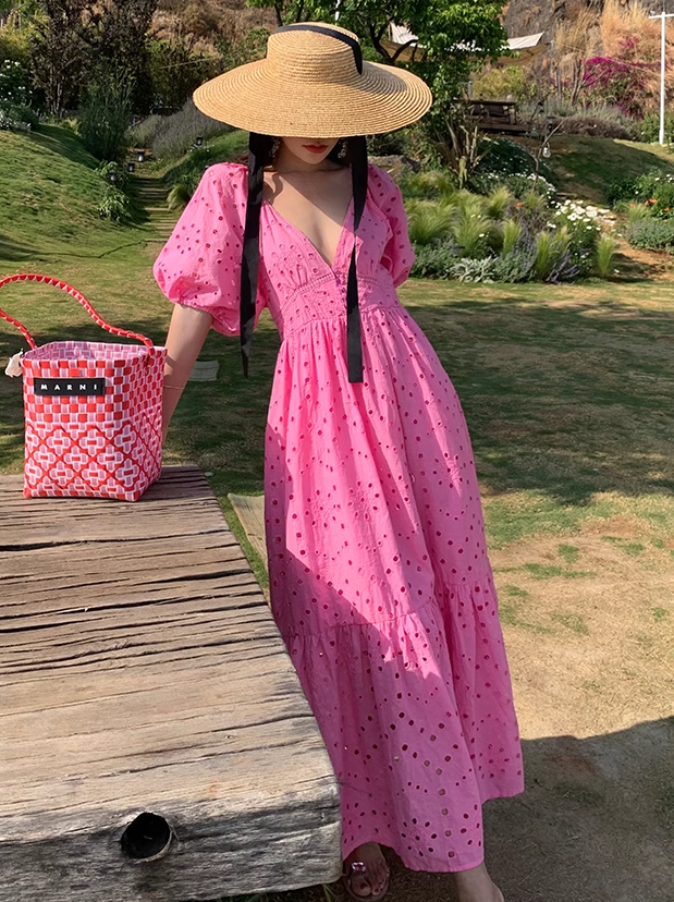 Retro lace heavy long French embroidery hollow V-neck puff sleeve loose fishtail dress R0180