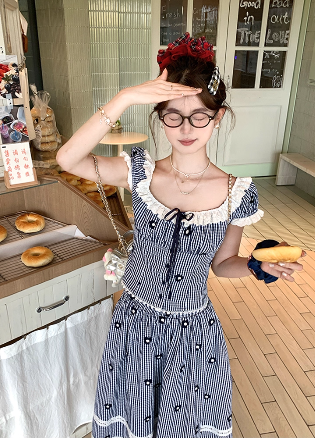 Women's summer French style two-piece square neck short striped short-sleeved top skirt suit R4912