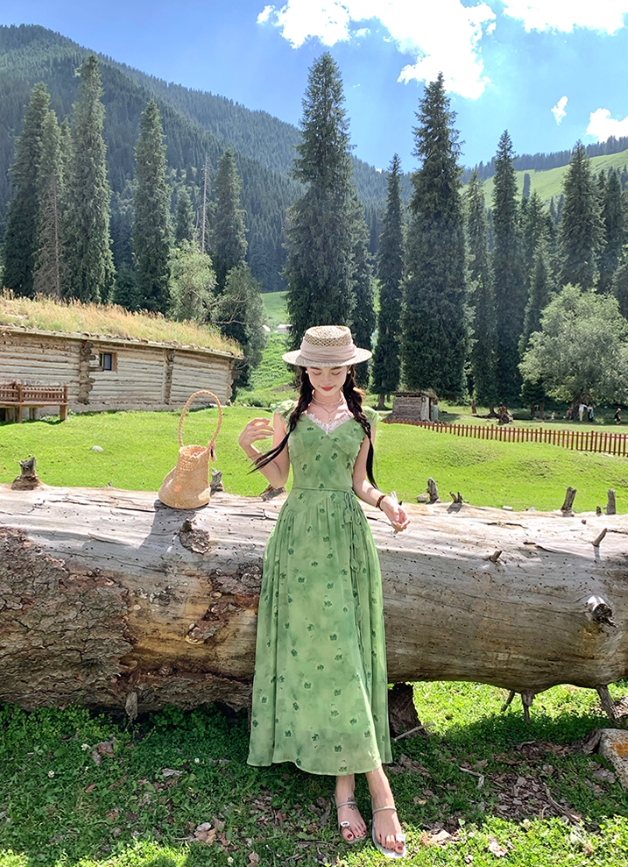 Green long v-neck small flying sleeve waist suspender dress summer temperament skirt R4906
