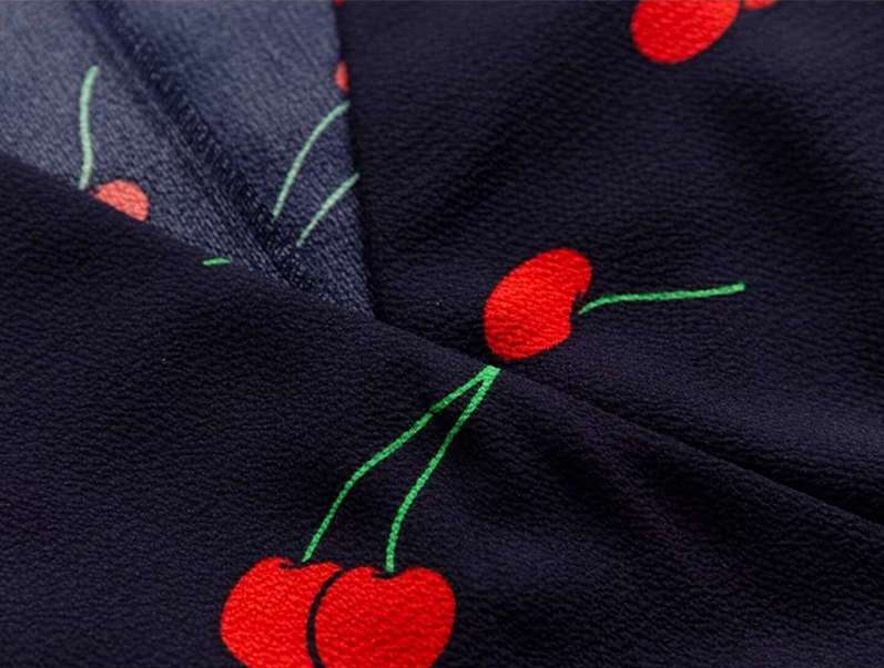 2025 Summer New Black V-neck Short Sleeve Cherry Print Wrap Long Dress R0920