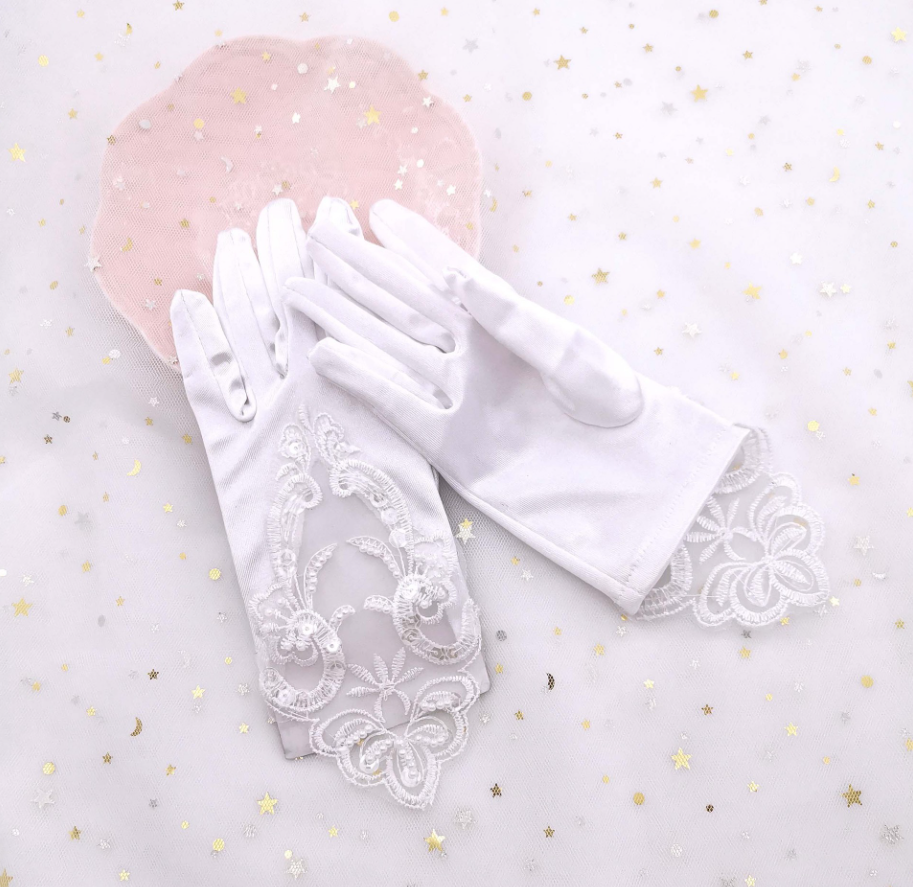 Lace Beaded Satin Stretch Children Wedding Dress Flower Girl Dress Gloves Performance Dance S6247