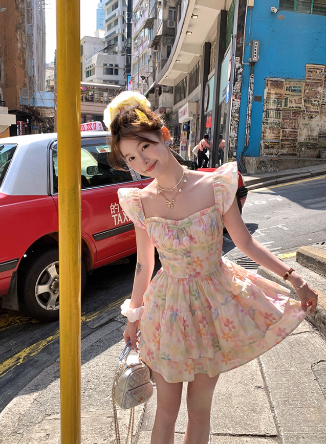 Square neck small flying sleeve waist suspender dress women's summer French skirt R4827