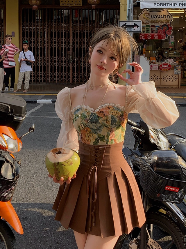 Short square collar shirt high waist A-line skirt suit French two-piece suit R4990