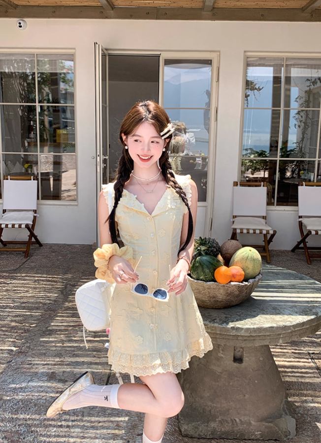 Yellow sleeveless waist a-line dress women's summer French temperament skirt R4622