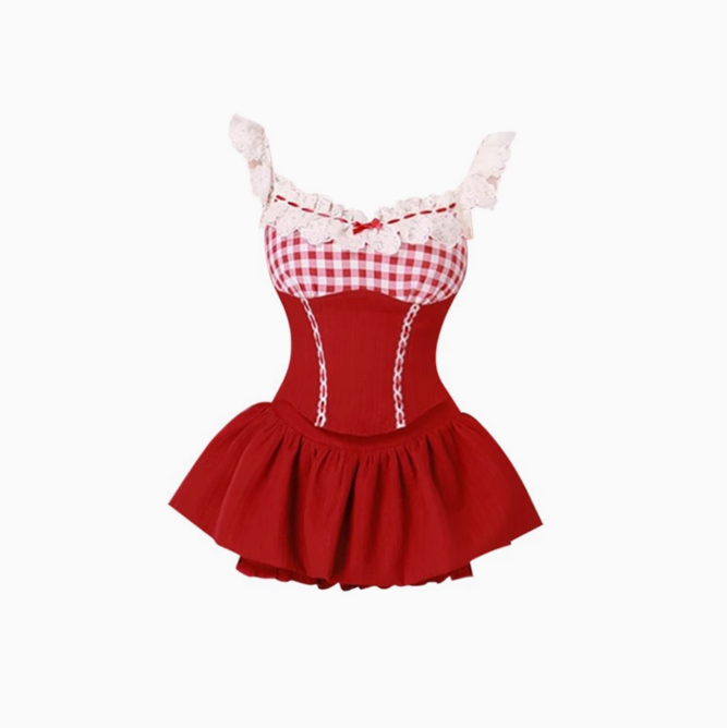 Sweet and spicy design lace plaid suspender top 2025 pure desire style skirt suit R1175