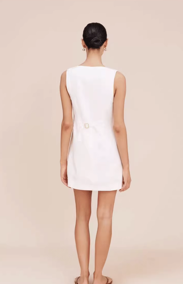 Dress White French Sleeveless Single Breasted Slim Fit A-Line Short R2910