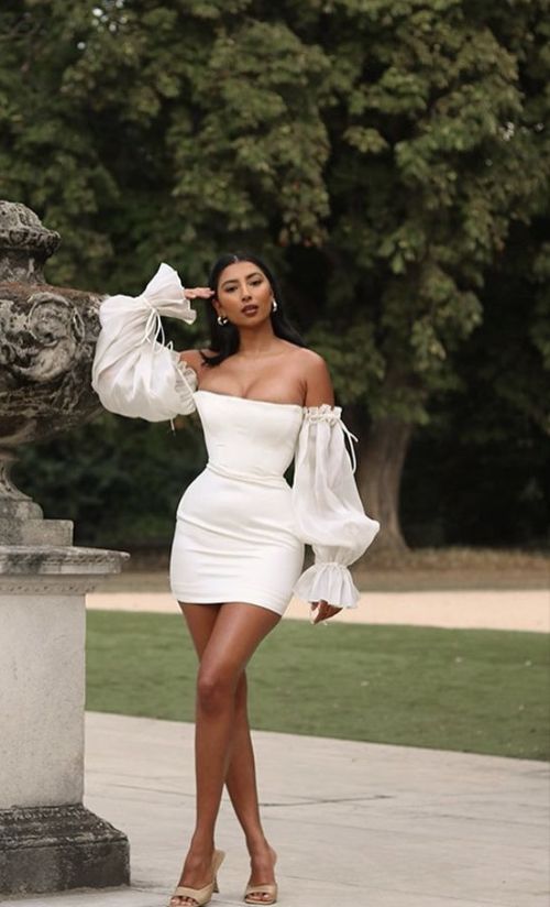 White off-shoulder puff sleeves fishbone hip sexy dress homecoming dress R2414