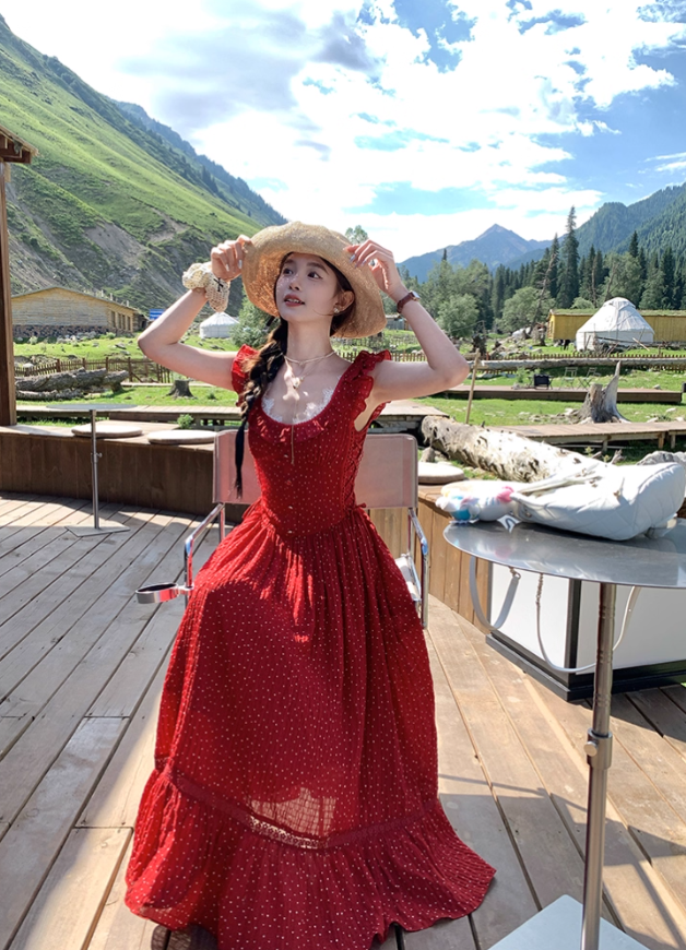 Red polka dot lace cinched waist small flying sleeve dress for women's summer French dress R4784