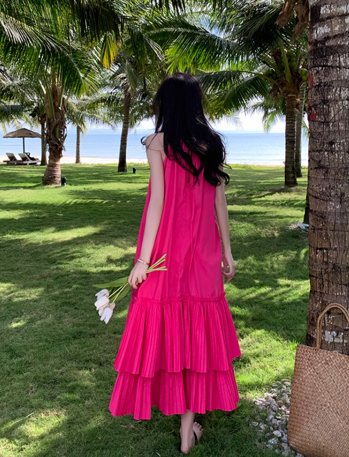 Seaside holiday style rose red white sleeveless dress high-grade layered pleated skirt R1582