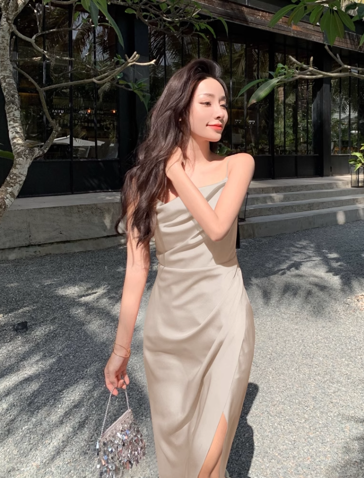 Burgundy Temperament Pleated Suspender Dress Satin Slim Irregular Inner Skirt R1428