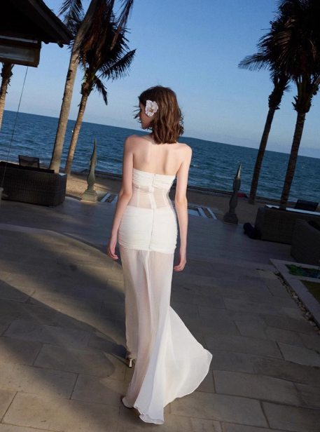 French pure sexy see-through white mesh flower tube top dress holiday temperament hip long skirt R0226