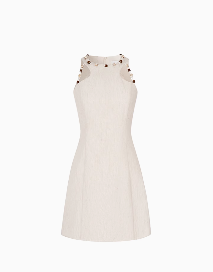 French style high-end holiday style beige round neck waist slim petite A-line dress R3344