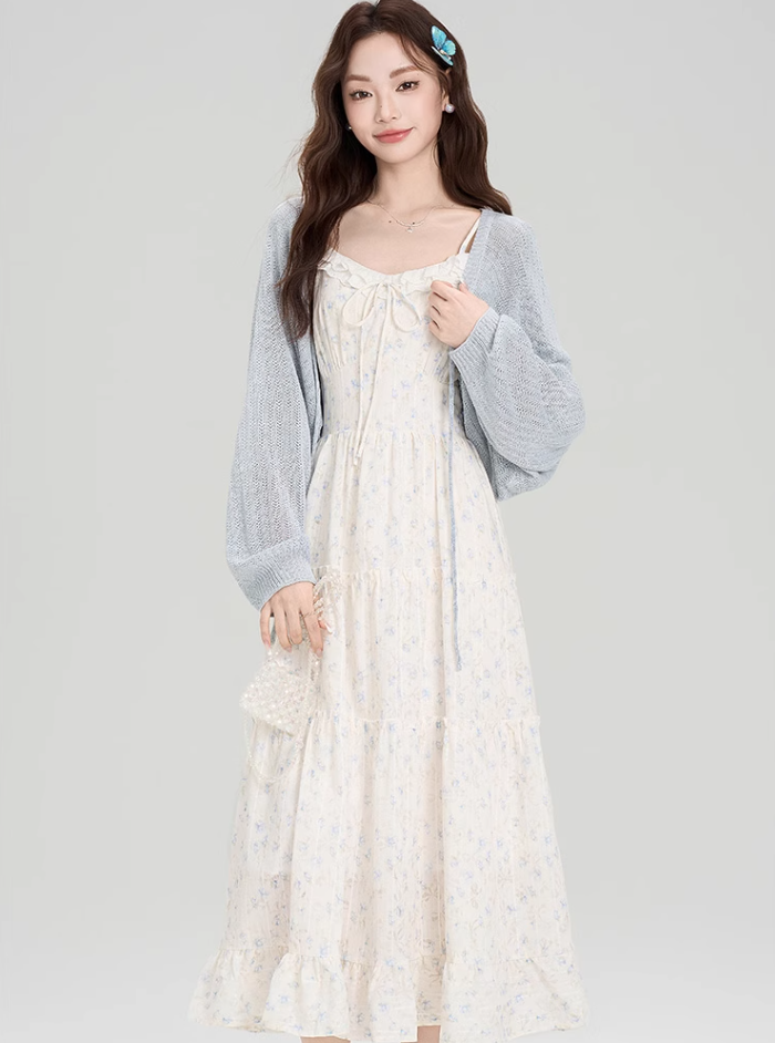 French floral suspender skirt, beautiful and gentle style dress with cardigan two-piece suit R2382