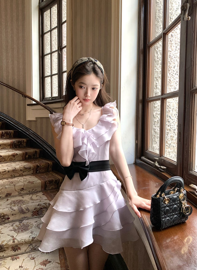 Purple waist round neck ruffled suspender dress women's summer skirt R4659