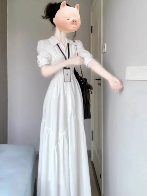 Atmosphere wear white polo long-sleeved dress waist temperament fishbone French long skirt R0484