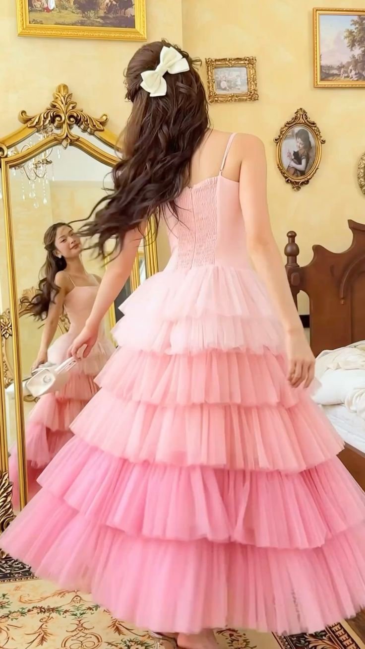 Pink and white suspender waist slim cake skirt dress, prom dress R5289