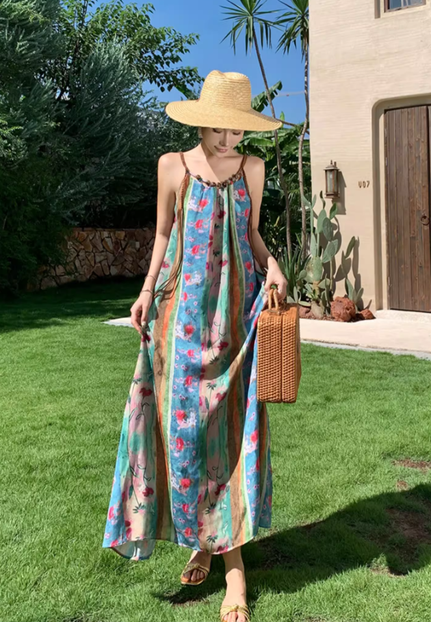 Travel wear beach dress retro travel seaside vacation floral suspender dress R1585