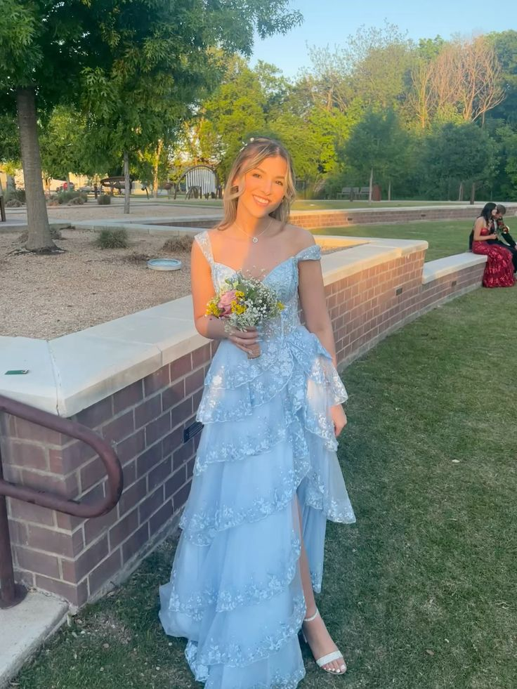 Flowy Ruffled Lace Trim Women's Prom Gown Baby Blue Waist Fitted Hi-Lo Evening Dress Birthday Dress — Fall Outfit 2026 New RS3292