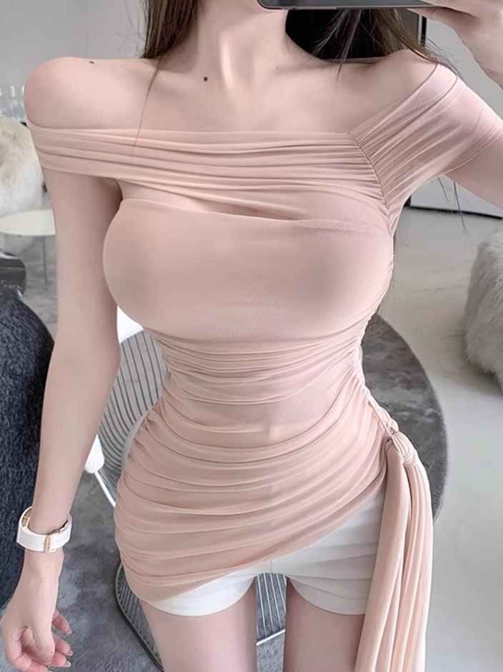 Pure desire design one shoulder short top 2025 gentle style pleated slim fit top R1070