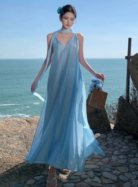 Beach vacation outfit high-end fairy temperament ribbon sleeveless halter dress long skirt R0247