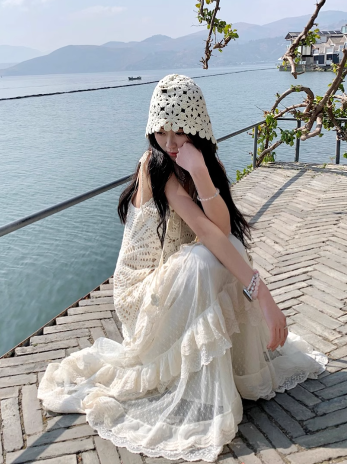 Atmosphere outfit suit holiday beautiful small sling hollow vest skirt a complete set R1746