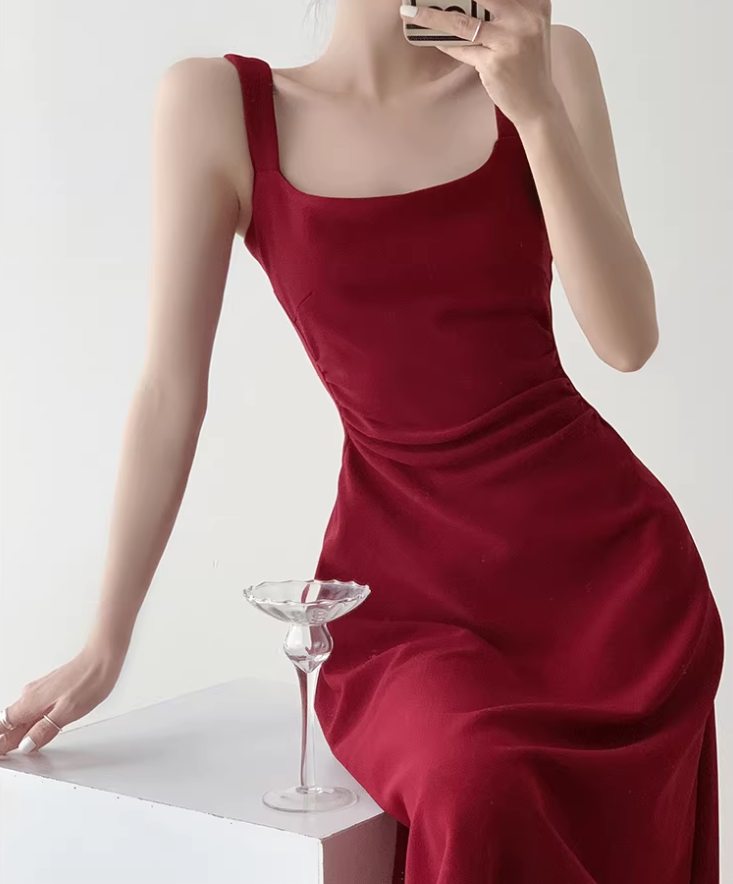 Retro red square neck suspender dress temperament waist banquet engagement A-line dress R1427