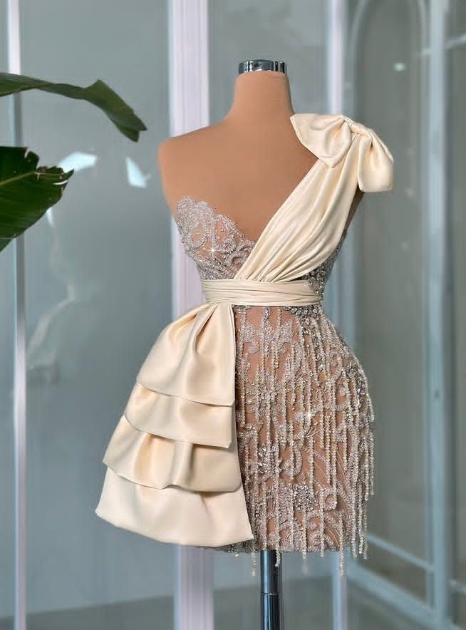 White asymmetrical neckline waist slim fit diamond sexy short skirt homecoming dress R4102