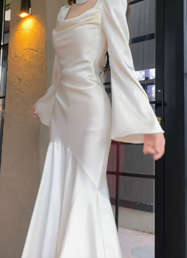 Mermaid satin white long dress engagement dress evening dress S5941