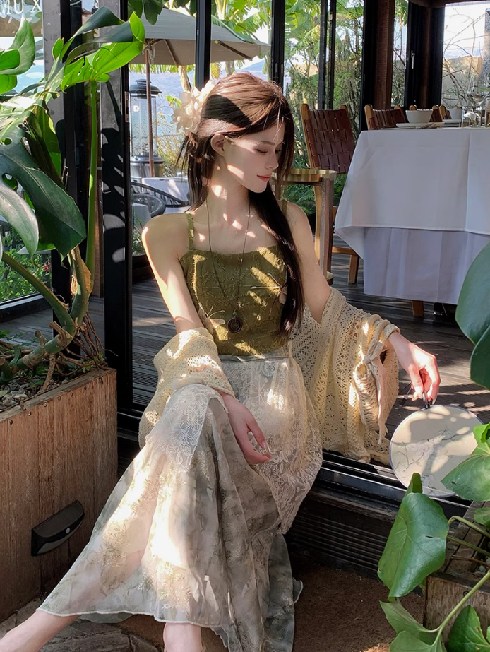 Fairy new Chinese suit butterfly embroidery sling ink dyeing skirt sweater a complete set R1747