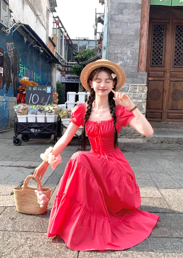 Red long square-neck cinched waist A-line dress, a French retro style dress for women's summer R4786